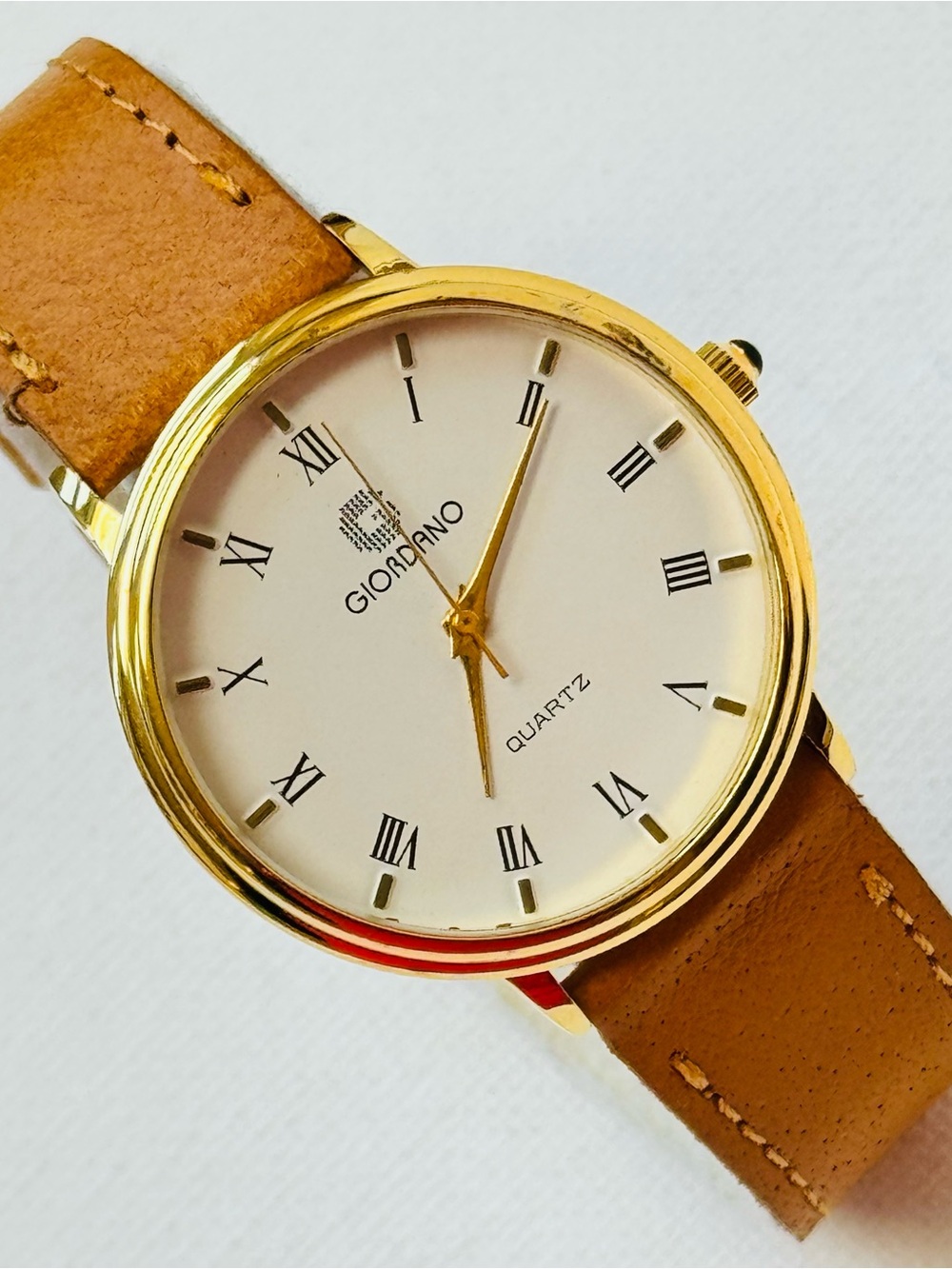 Vintage Giordano 32mm SMALL Men's or Women's Gold Dress Watch Tan Brown Leather